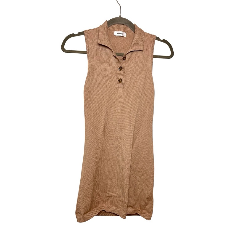 En;semble Beige Knit Polo Sweater Dress Open Back Minimalist Preppy Small